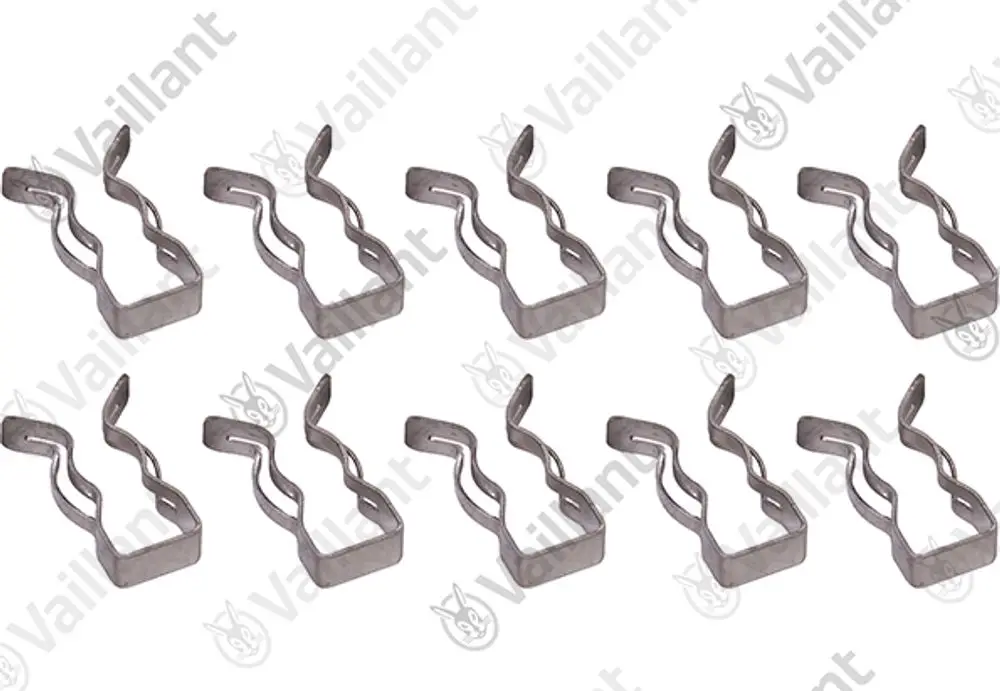 Vaillant Clips, aus Metall, in einer Anordnung von zehn Stück, geeignet zur Montage oder Sicherung von Komponenten in Heizsystemen.